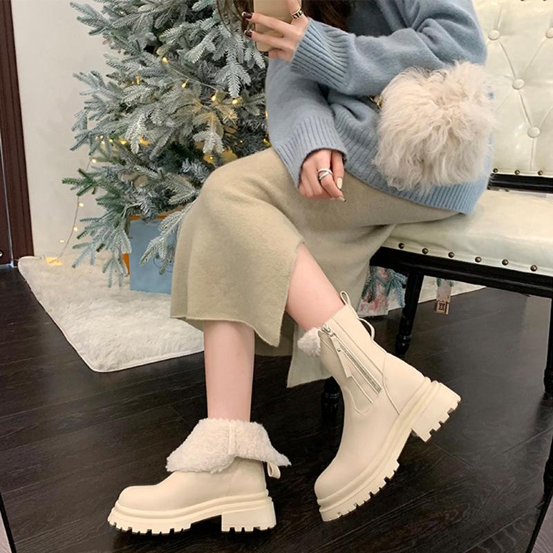 Winter new lamb wool side zipper piled thickened thick heel platform short boots women's fluffy snow boots Martin boots