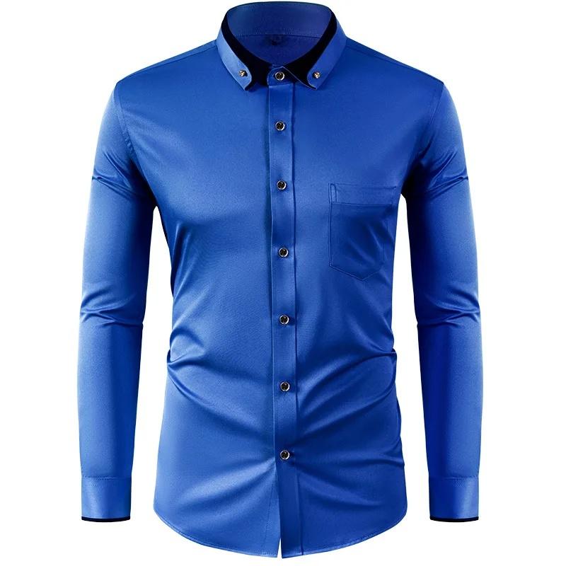 Elastic Shirt Men's Long Sleeved Diamond Buckle Contrasting Collar Design Solid Color Slim Fit Men's Shirt Men's Clothing