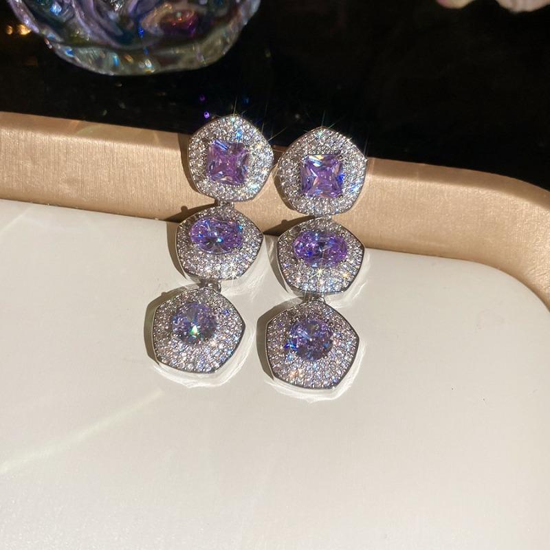 Court style purple zircon square necklace bracelet earrings elegant fashion jewelry set light luxury temperament jewelry women