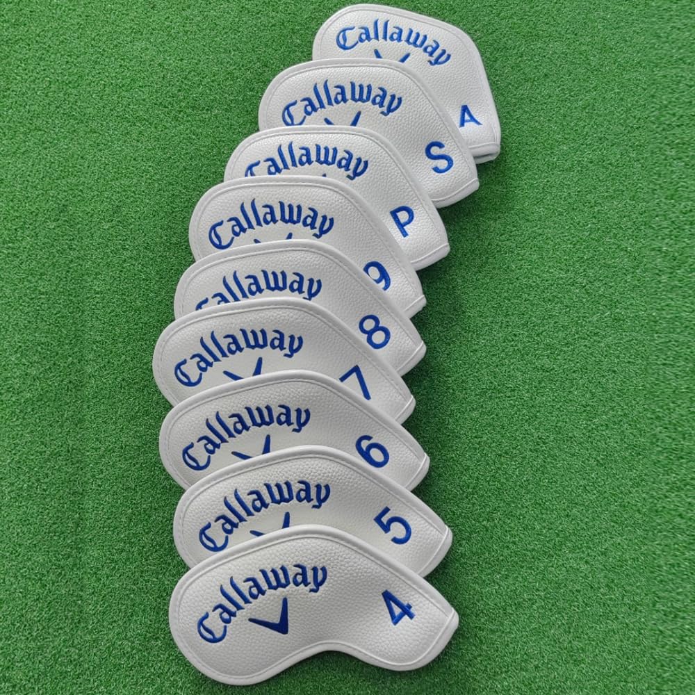 [YUHRSTO] Callaway. Head cover 9-piece set, golf iron cover, club head cover for irons, numbered, magnetic closure, dedicated head cover (white blue)