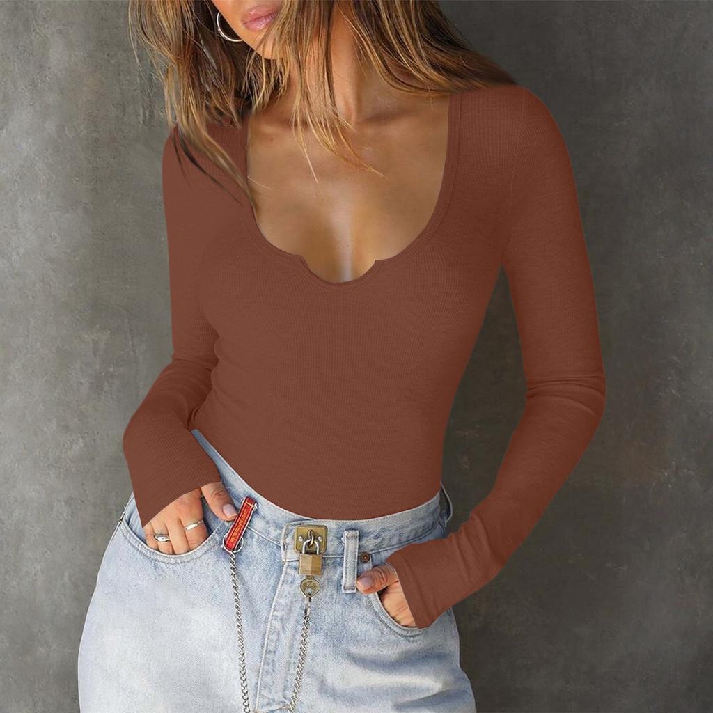 Women's Casual Fashion V-Neck Slim Fit Solid Color Top Long Sleeve