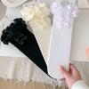 Women Japanese Aesthetic Hollowout Mesh Middle Tube Socks Striped Patterned Ruffle Trim Over Calf Socks with Bows Accent