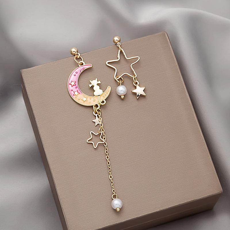 

Korean Fashion Bow Black White Cat Asymmetric Earrings For Women Exquisite Stars Moon Kitten Tassel Dangle Earring Party Jewelry