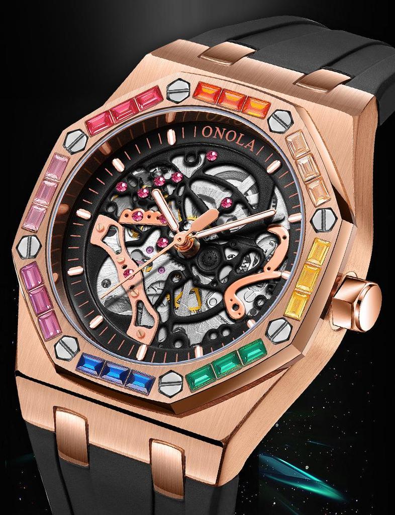 ONOLA Montre Homme Automatique Mécanique Fashion Diamants Arc-en-ciel Bracelet Silicone Étanche