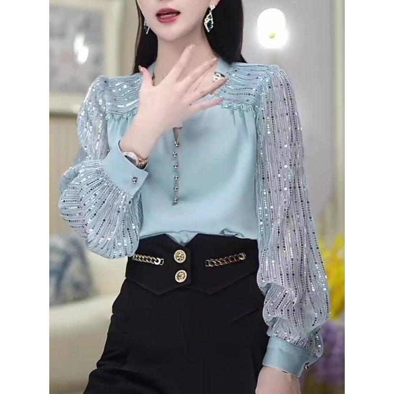 French Round Neck Long-sleeved Casual Shirt, Fashionable and Elegant Sequin Stitching Hollow Out Elegant All-match Shirt