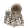 Winter neue Daunenbaumwollkleidung großer Waschbärfellkragen mit Kapuze Taillengürtel Baumwollkleidung verdickt und dünn kältebeständige Jacke Trend