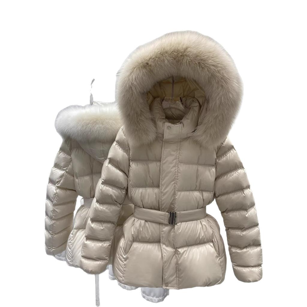 Winter neue Daunenbaumwollkleidung großer Waschbärfellkragen mit Kapuze Taillengürtel Baumwollkleidung verdickt und dünn kältebeständige Jacke Trend