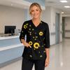 Women's Floral Print V Neck Medical Scrub Top with Pockets Side Slits Three Quarter Sleeve Nurse Uniform Shirt for Healthcare Professionals