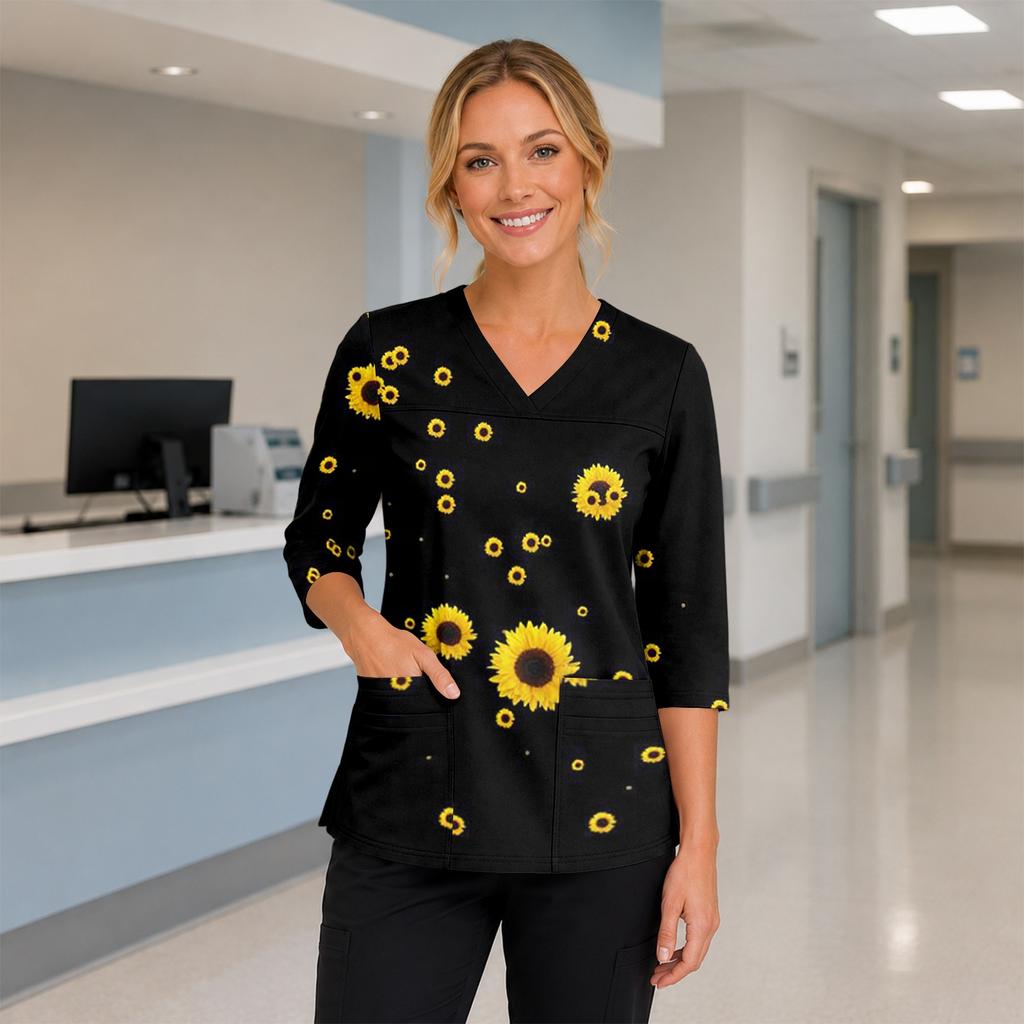 Women's Floral Print V Neck Medical Scrub Top with Pockets Side Slits Three Quarter Sleeve Nurse Uniform Shirt for Healthcare Professionals