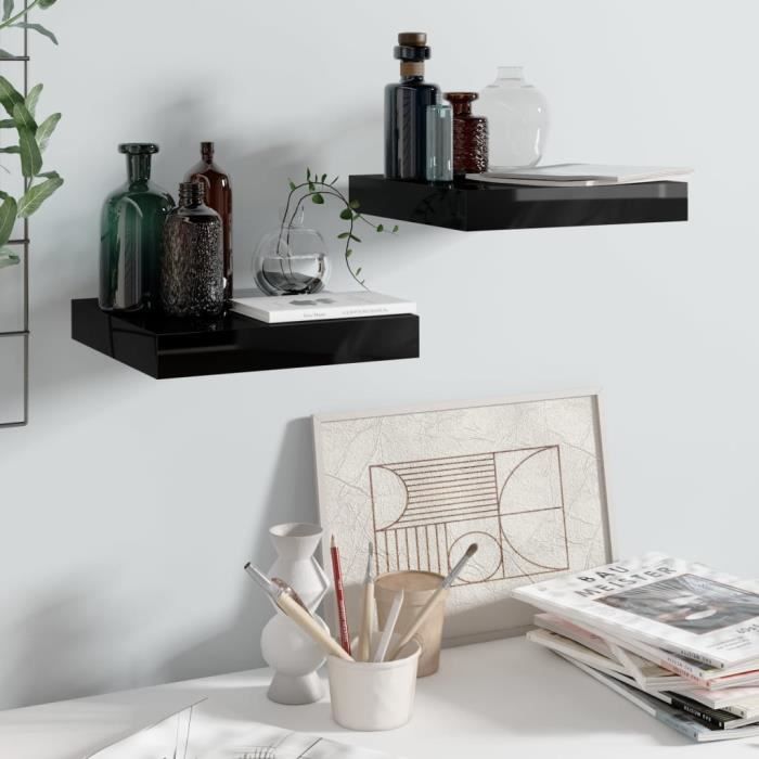 VidaXL Floating Wall Shelf 2 Pcs Glossy Black 23x23.5x3.8 Cm MDF