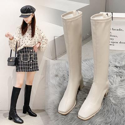 Mode Stiefel mit dickem Absatz Damen Langstiefel Neuer Stil Erhöhte Ritterstiefel Stretch Overknee Damen Dünne Stiefel