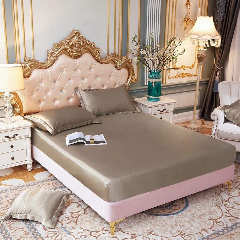 High-End Solid Color Mattress Cover Luxury Satin Fitted Sheet With Elastic Band Bed Sheet 140x190 150x190 Fit Sheet