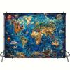 2D Fantasy World Map Backdrop with Landmarks & Animals, Blue Ocean Style Background for Room Decor