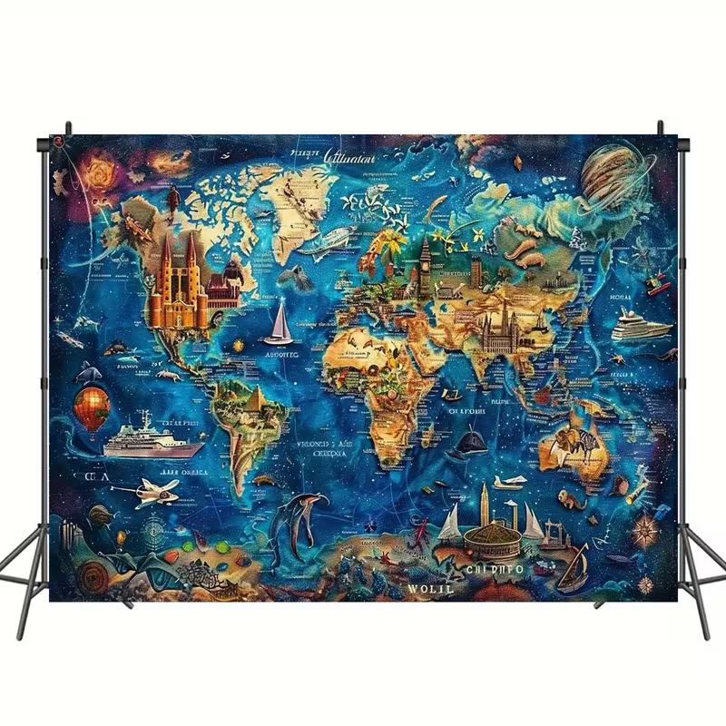 2D Fantasy World Map Backdrop with Landmarks & Animals, Blue Ocean Style Background for Room Decor