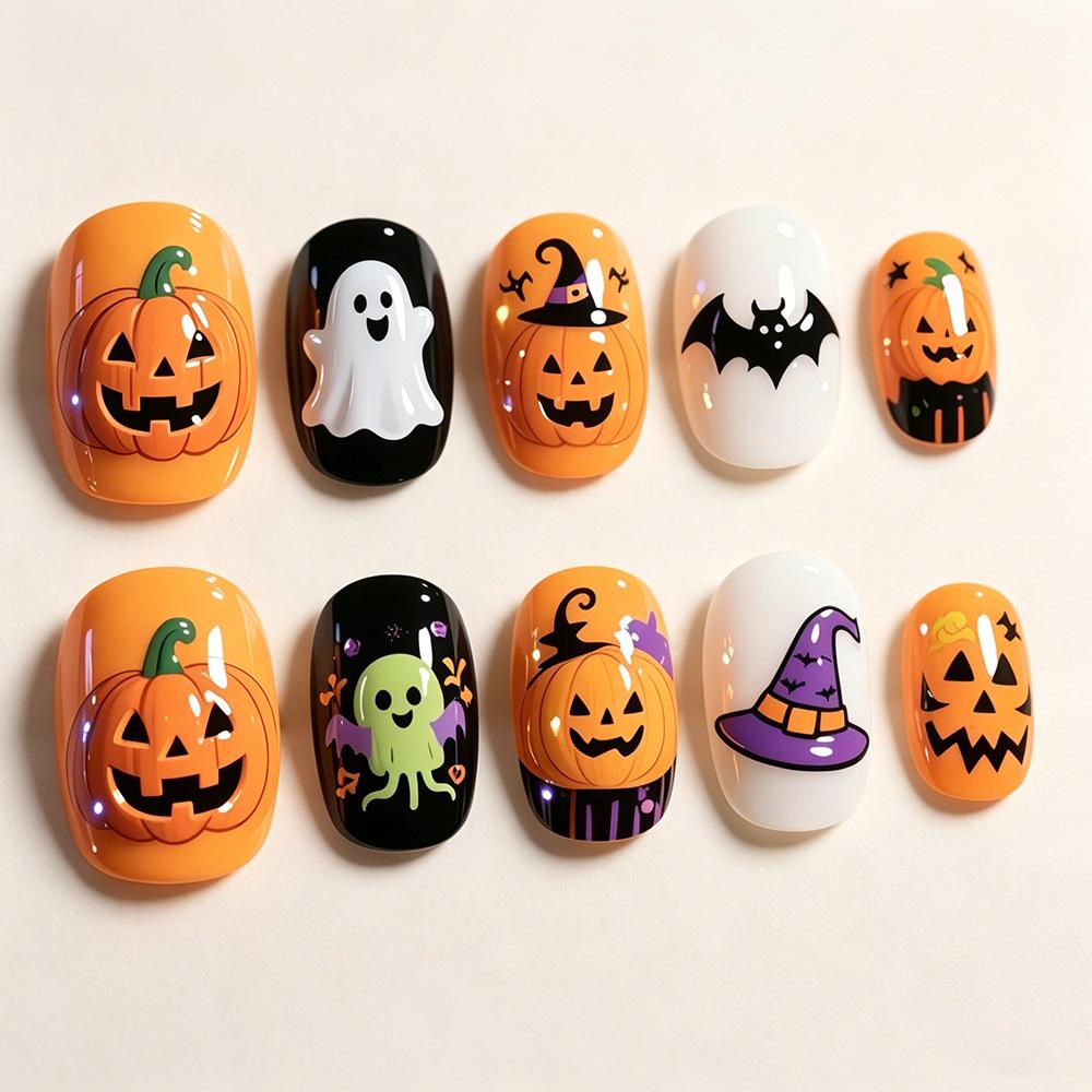 Child's Halloween Nail Art: Cute Pumpkin Ghost & Bat Wizard Designs