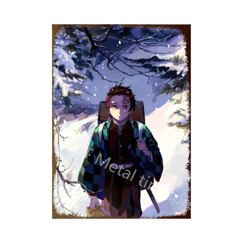 Demon Slayer Tin Sign Vintage Anime Metal Poster Colorful Wall Art Iron Plaque Retro Home Decoration for Bar Cafe Living Room