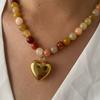 Bohemia Natural Stone Necklace Handmade Beaded Chain Necklace Gold Plated Heart Pendant Necklace Present for Women