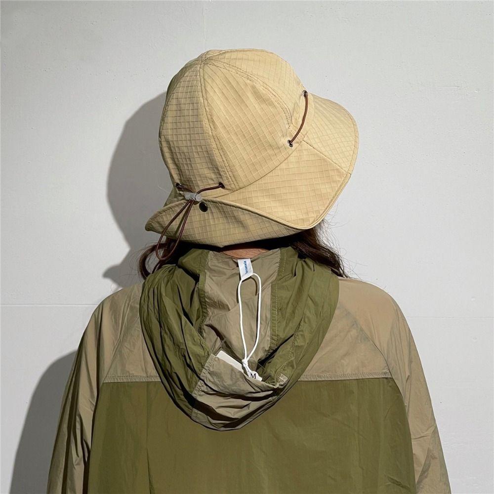 Solid Color Drawstring Fisherman Hat with Neck Cover Hiking Hat Wide Brim Sun Hat  Camping