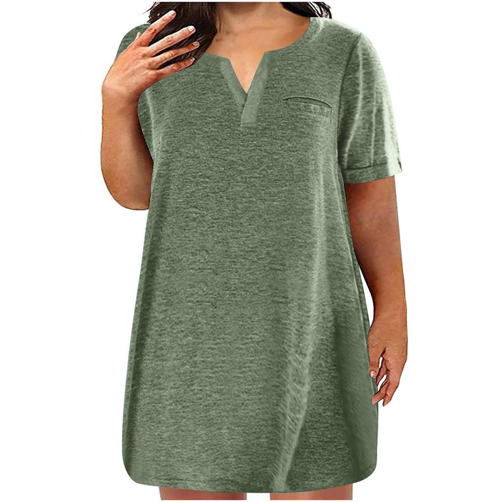 Dámské šaty velké velikosti s výstřihem do V, krátkým rukávem, letní ležérní jednobarevná tunika s kapsou
