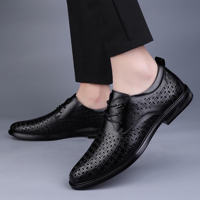 Men's Business Leather Shoes Summer First Layer Cowhide Hole Shoes Breathable Office Leather Shoes Hollow Small Leather Shoes