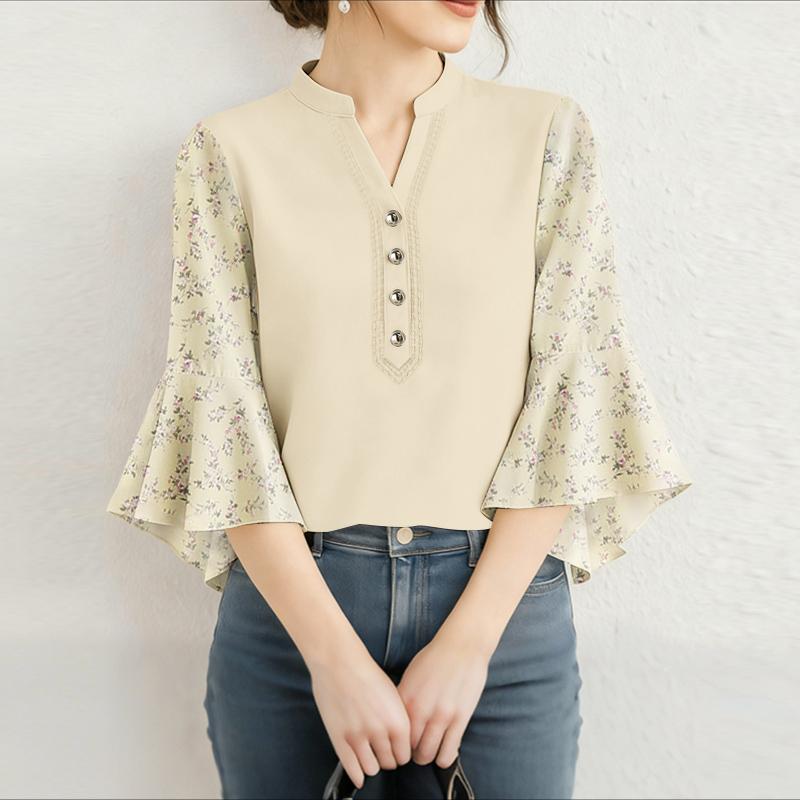 ZANZEA Women Casual V-Neck Print Splice Loose 3/4 Sleeve Blouse