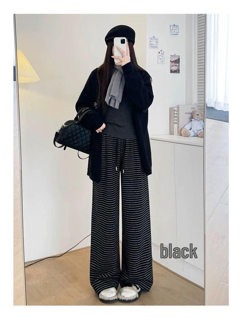 Women's 2025 Striped Terry Pants - Autumn/Winter Casual Lazy Stroll, Narrow Straight Leg, Wide Leg Trousers.