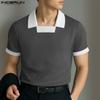 INCERUN Men Lapel Square Collar Short Sleeve Stitching Color Casual Fitted T-shirts