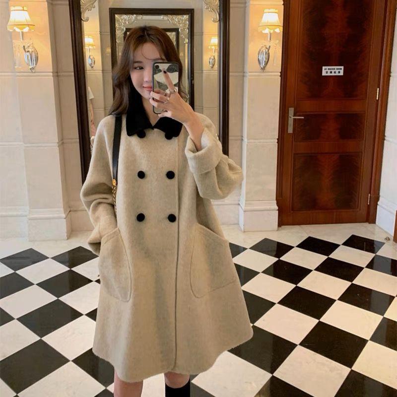 Womens Wool Blend Long Coat Winter Thick Warm Loose Fit Polo Collar Double Breasted Gray
