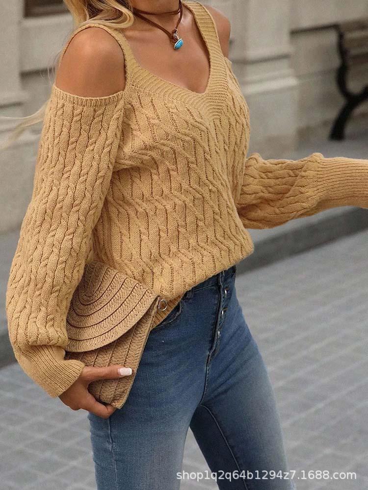 Women's Off-Shoulder Camisole Sweater with 3D Crochet Deep V Cable Knit Design