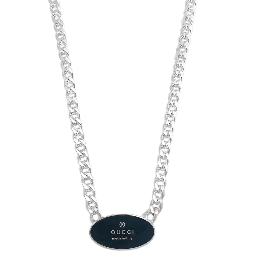 Gucci Trademark Oval Tag Necklace Pendant In Black and 797049 J8410 8163 Silver, [Used]