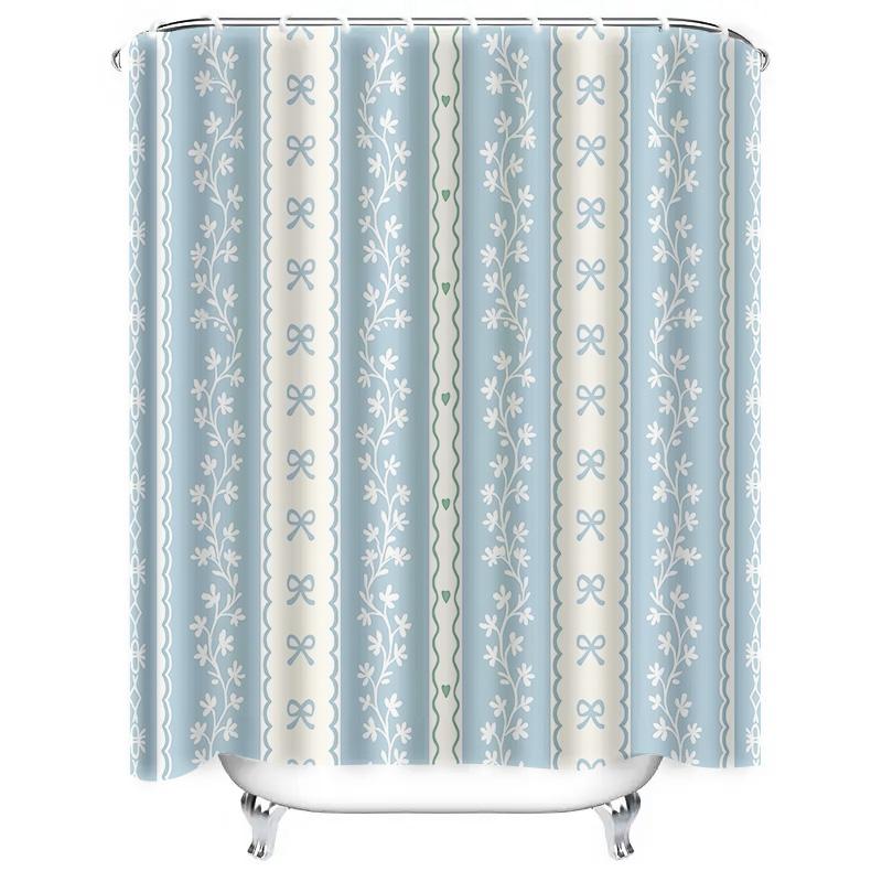 Elegant Blue And White Floral Striped Shower Curtain Add A Touch Of Classic Charm To Your Bathroom Decor Waterproof Durable W60H190(CM)-1 Pcs