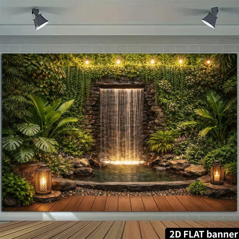 2D Vintage Lantern Stone Waterfall Jungle Photography Background Cloth