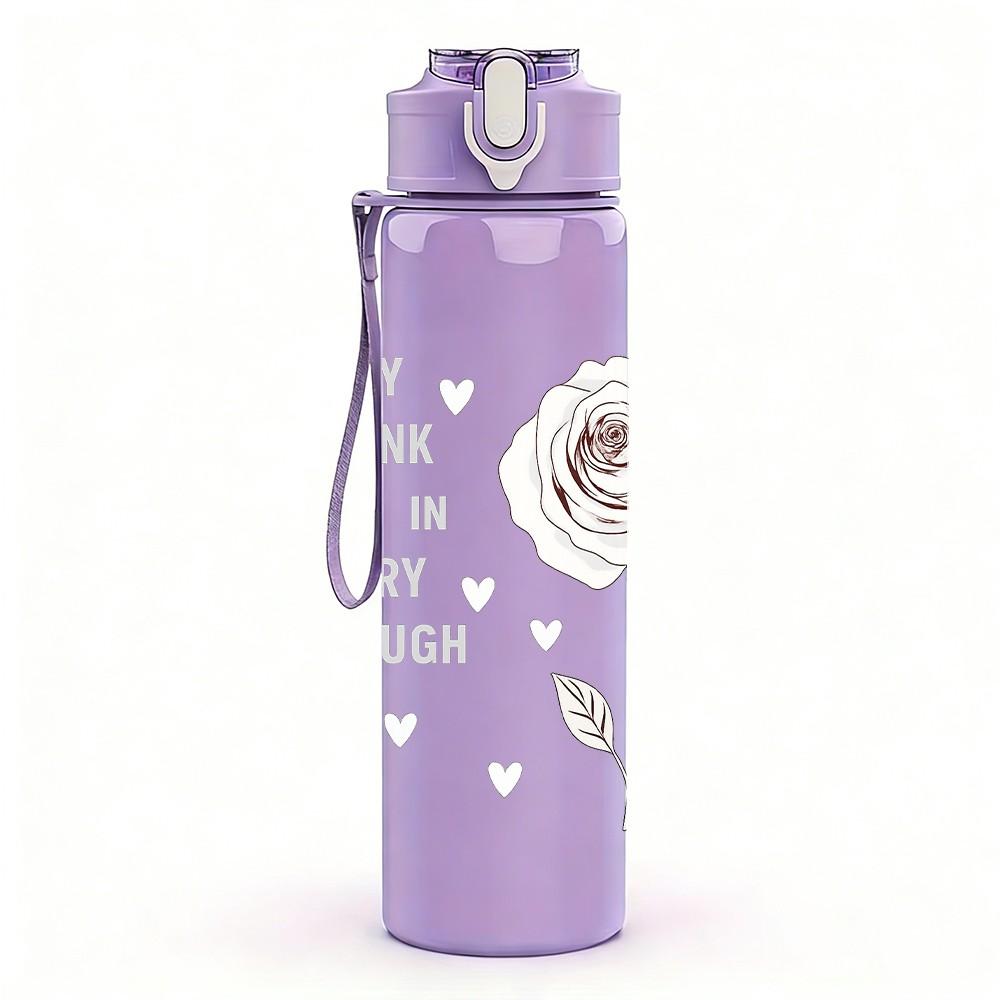 1PC White Rose Flower Quote Pattern 750ml Color Plastic Sports Water Bottle Leakproof Flip Straw Lid Suitable for Sports Office Home Use