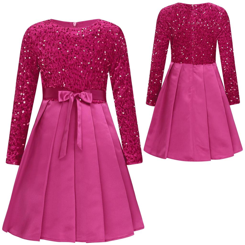 Belted Christmas Dress for Girls Knee Length Pleated Gown Glittery Sequin Round Collar Long Sleeve