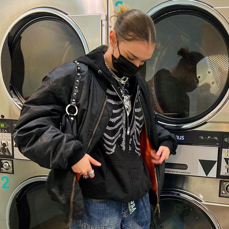 Y2K Rhinestone Hoodies Women Gothic Black Zip Up Oversized Sweatshirts Female Retro Harajuku Hooded Jacket Streetwear