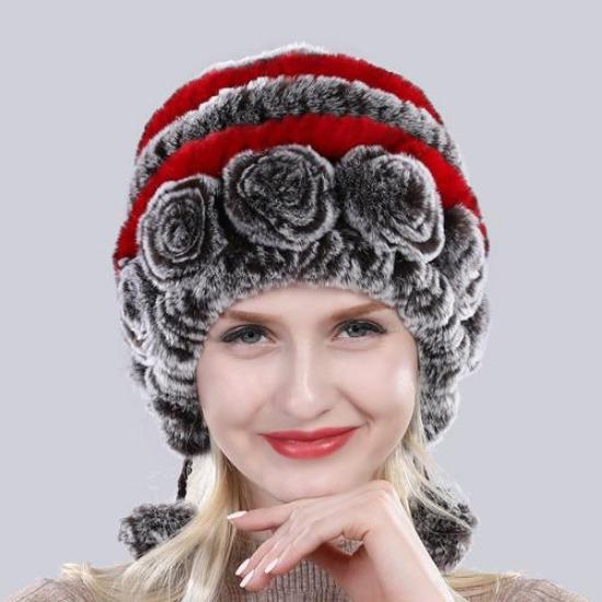 Hot Sale Winter Women Flowers Striped Natural Real Rex Rabbit Fur Hats Lady Warm Knit Genuine Fur Caps Russian Outdoor Fur Hats