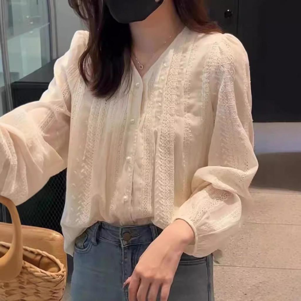 Korean Fresh Embroidery Blouse Women V Neck Lantern Long Sleeve Shirt Elegant Commute Apricot Top 2026 Autumn Factory Source For Southeast Asia
