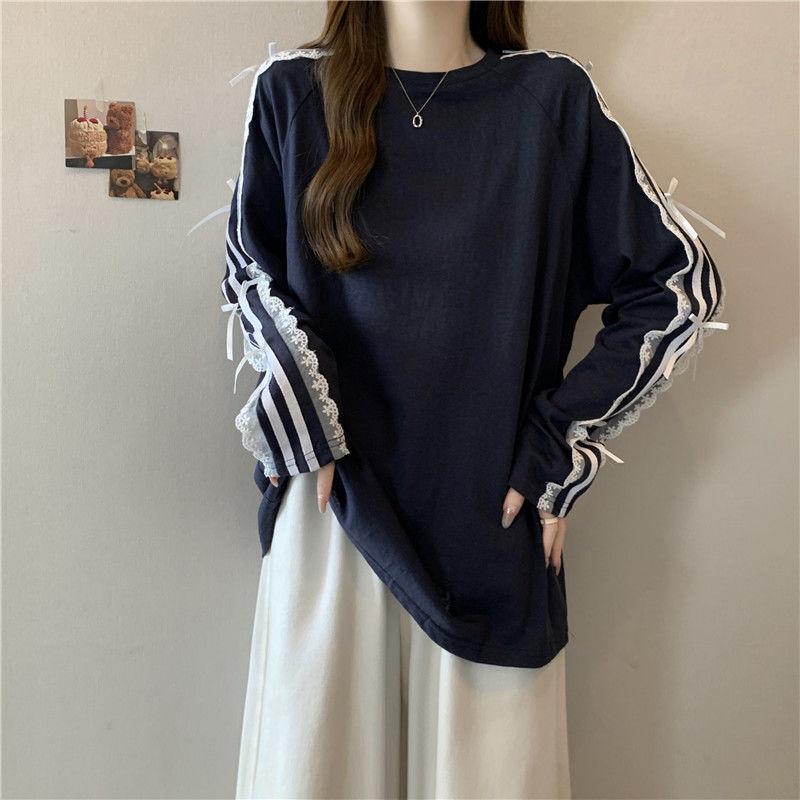 

Повседневная футболка с длинным рукавом и круглым вырезом, кружевная лоскутная свободная женская одежда, корейские топы средней длины M синий