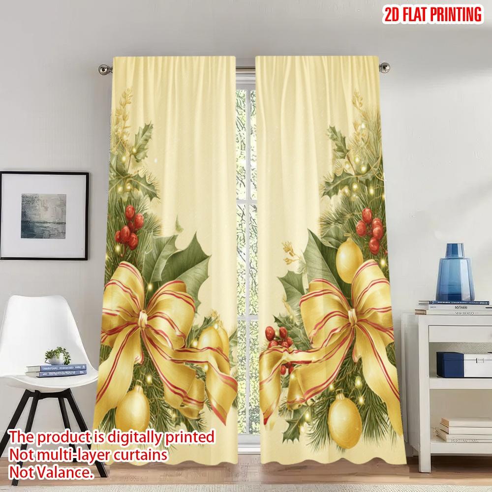 

Set Of 2 Flat Printing Merry Christmas Curtains Holly Bow Ribbon Digital Printed Polyester Drapes Family Party Curtain W100*H70(CM)-Grommet top&1PCS