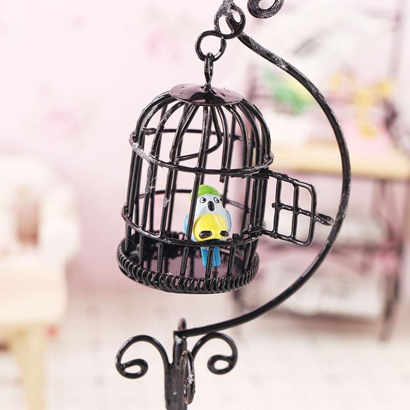 1pc Black 1:12 Miniature Furniture Mini Metal Bird Cage Stand Birdcage Modle for Doll House Decor Garden Courtyard Ornament