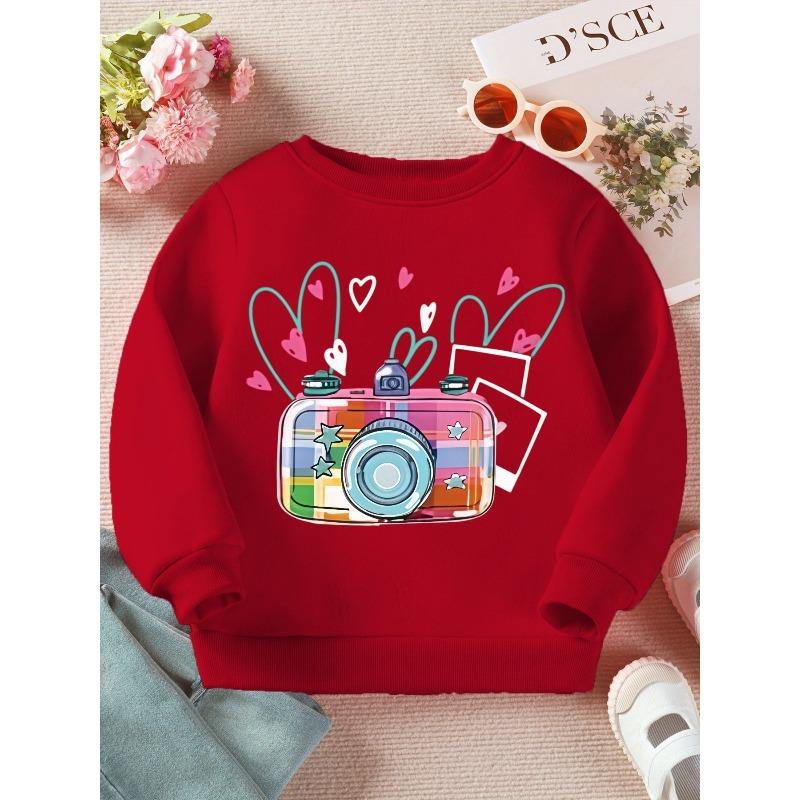 Kids Crewneck Sweatshirt, Colorful Plaid Cartoon Camera Print Long Sleeve Casual Top for Spring Autumn