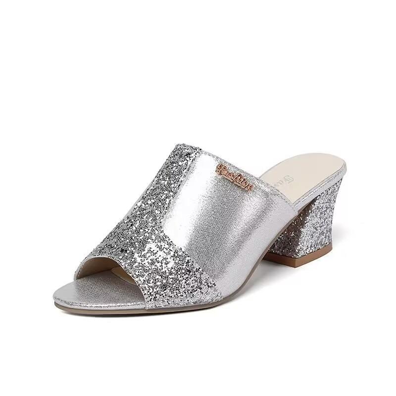 Sandals Women's New Summer Models, Fish Mouth Middle Heel Mesh Thick Heel Sequins Casual Large Size Sandals
