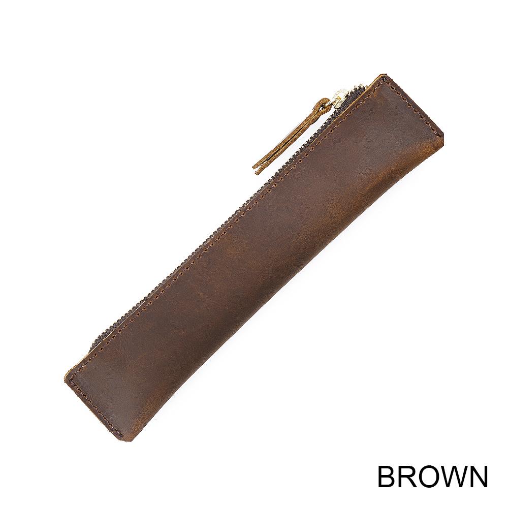 AIGUONIU Genuine Vintage Crazy Horse Leather Zipper Pen Pouch Retro Style Creative School Stationery Pencil Bag