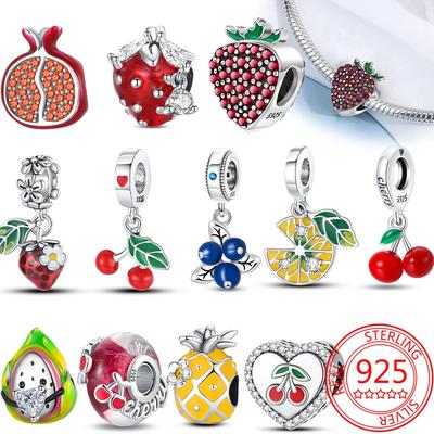 Srebro 925 Truskawka Ananas Wiśnia Awokado Zawieszka Koraliki dla Kobiet Tworzenie Biżuterii Bransoletka DIY