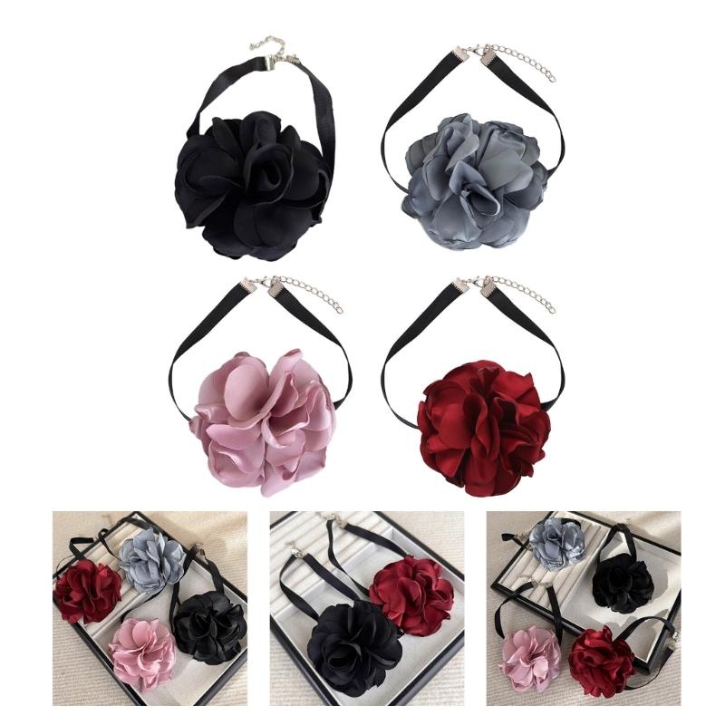 Gothic Fabric Flower Choker Necklace Exaggerated Floral Pattern Pendant Clavicular Chain Charm for Parties and Weddings