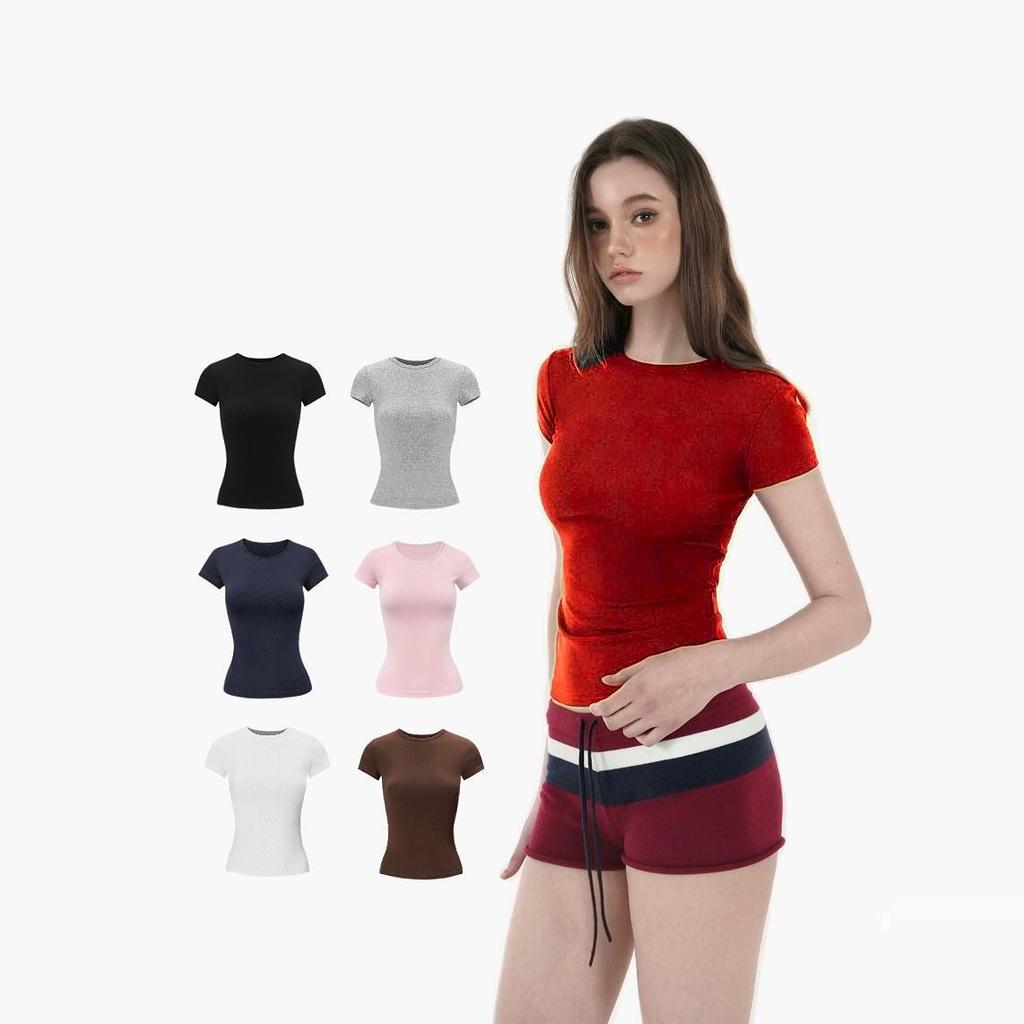 European & American Slim Fit High-Elastic Short-Sleeve T-Shirt: Breathable, Figure-Flattering, Petite Base Top