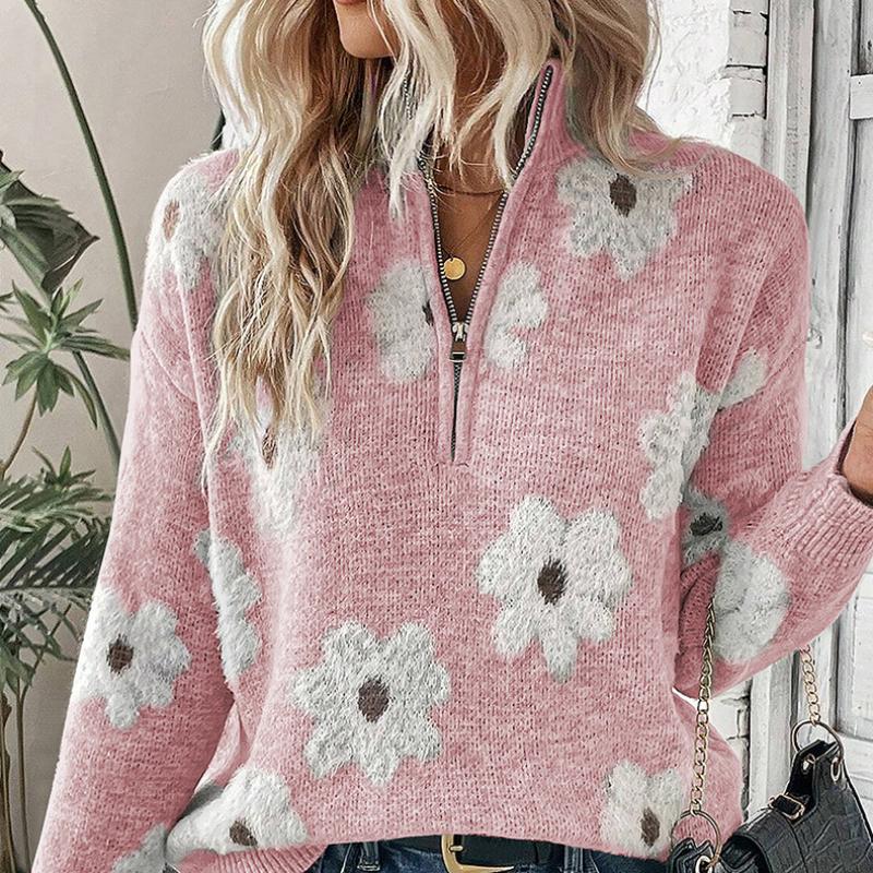Women's Floral Pattern Half-zip Sweater Winte Warm Print Sweater