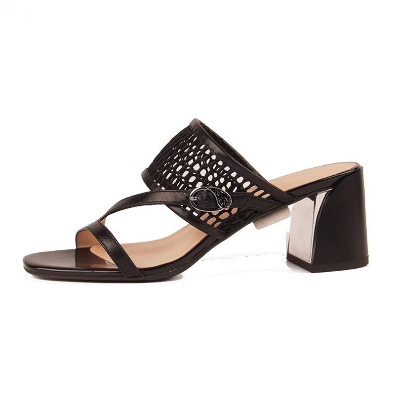 Fashion Women's Temperament Square Sandals Summer New Round Head Net Cloth Metal Buckle Anti-slip Wear-resistant Slippers