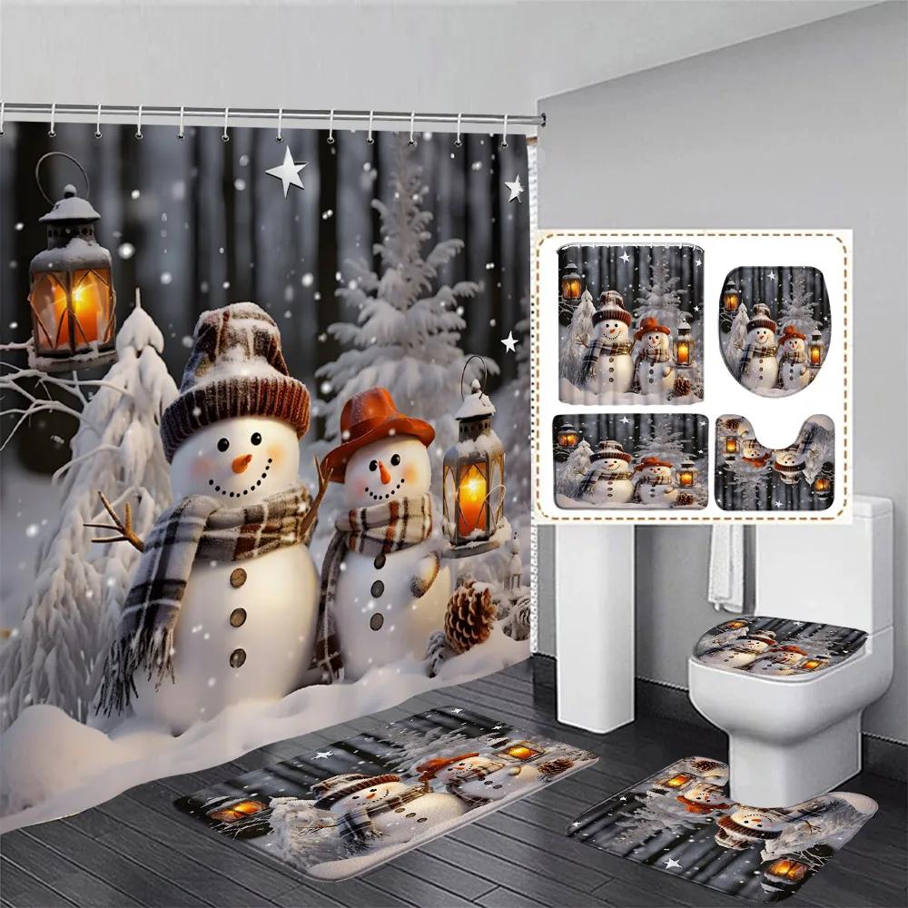 Winter Weihnachten Duschvorhang Set Niedlicher Blauer Schneemann Xmas Geschenk Wald Zeder Schnee Neujahr Badezimmer Deko Duschvorleger Toilettenbezug
