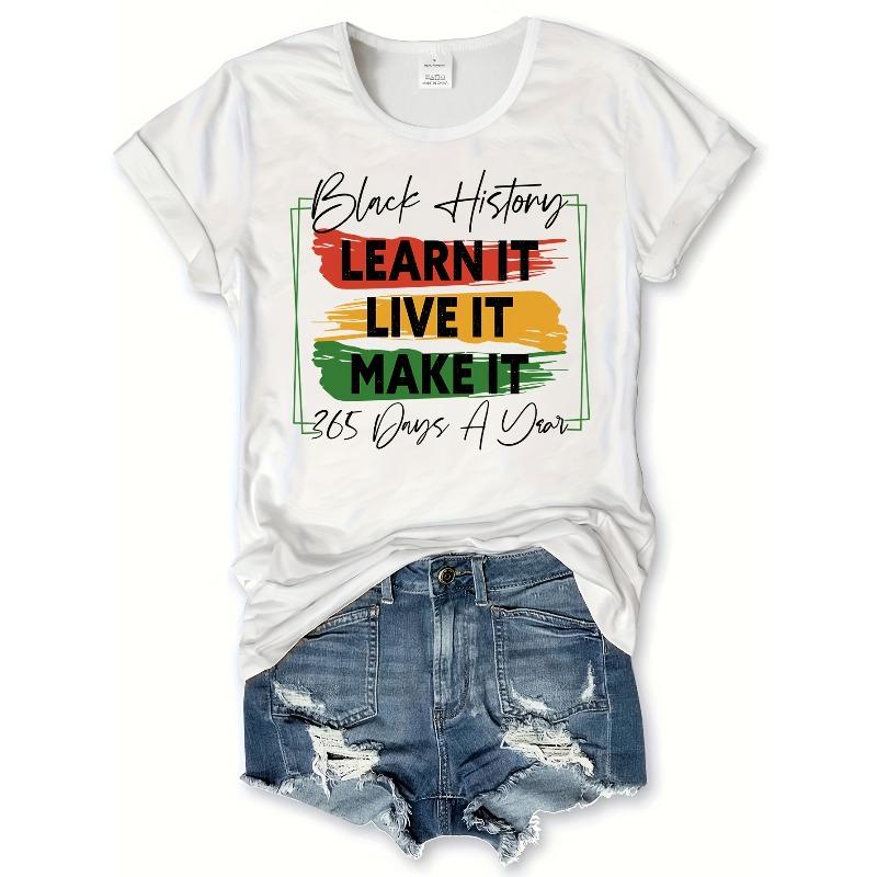 Black History Month Letter Print T-shirt, Casual Short Sleeve Crew Neck Top, Women s Clothing S белый